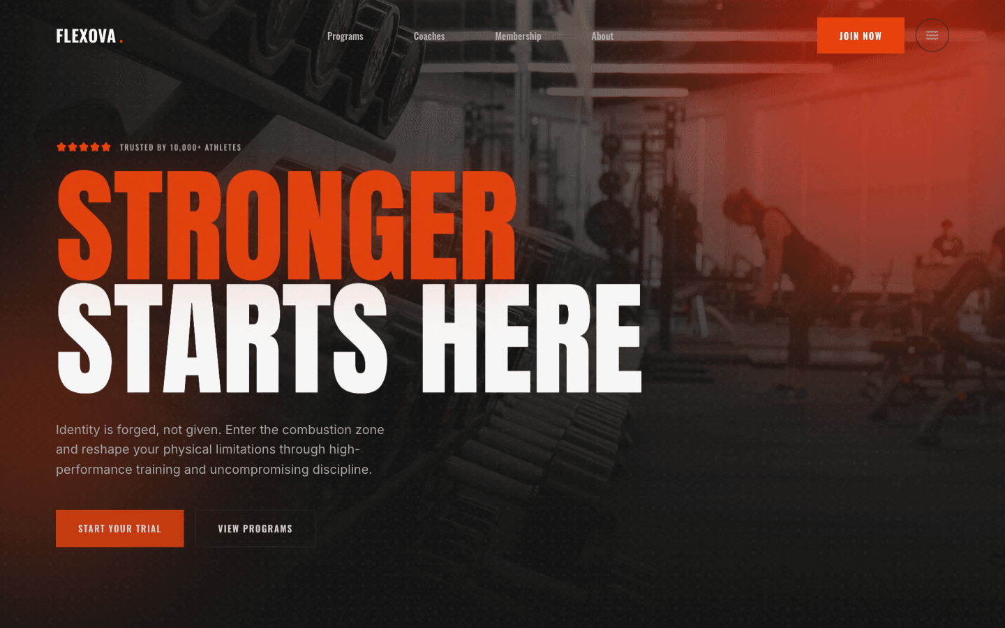 Flexova Fitness landing page with high-contrast brand and editorial typography